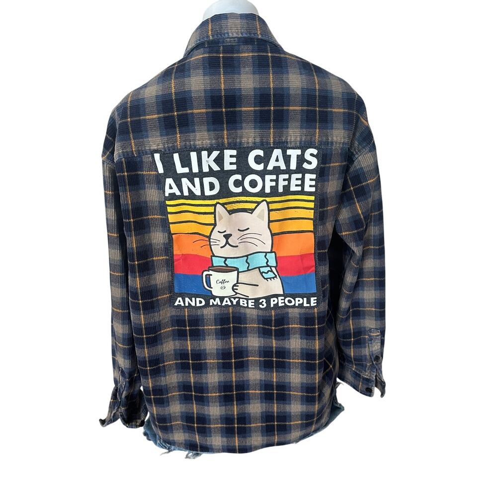 Cats Coffee Plaid Corduroy Shirt Shacket MEDIUM Oversized Introvert Unique Gift